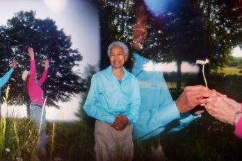Three photos of Beverly Glenn-Copeland pictured nearby his home with his wife blended together to create one image.