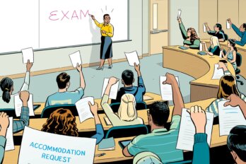 An illustration of a professor writing 'Exam' on a board, turning to see all her students holding up slips of paper with accommodation requests