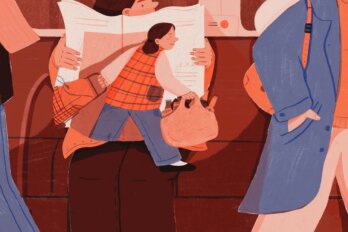 Illustration of a woman sitting on a subway car holding a newspaper