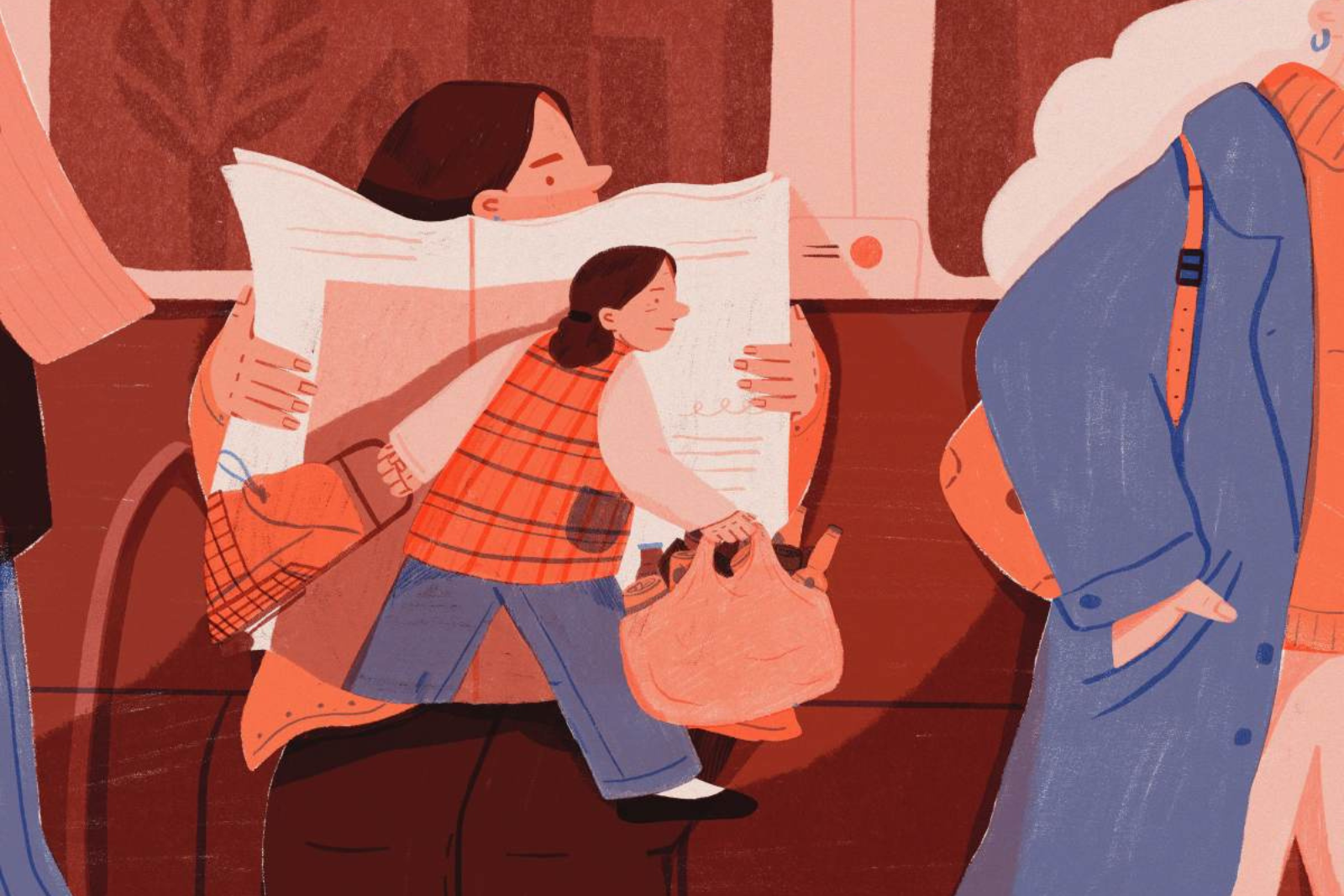 Illustration of a woman
sitting on a subway car holding a newspaper