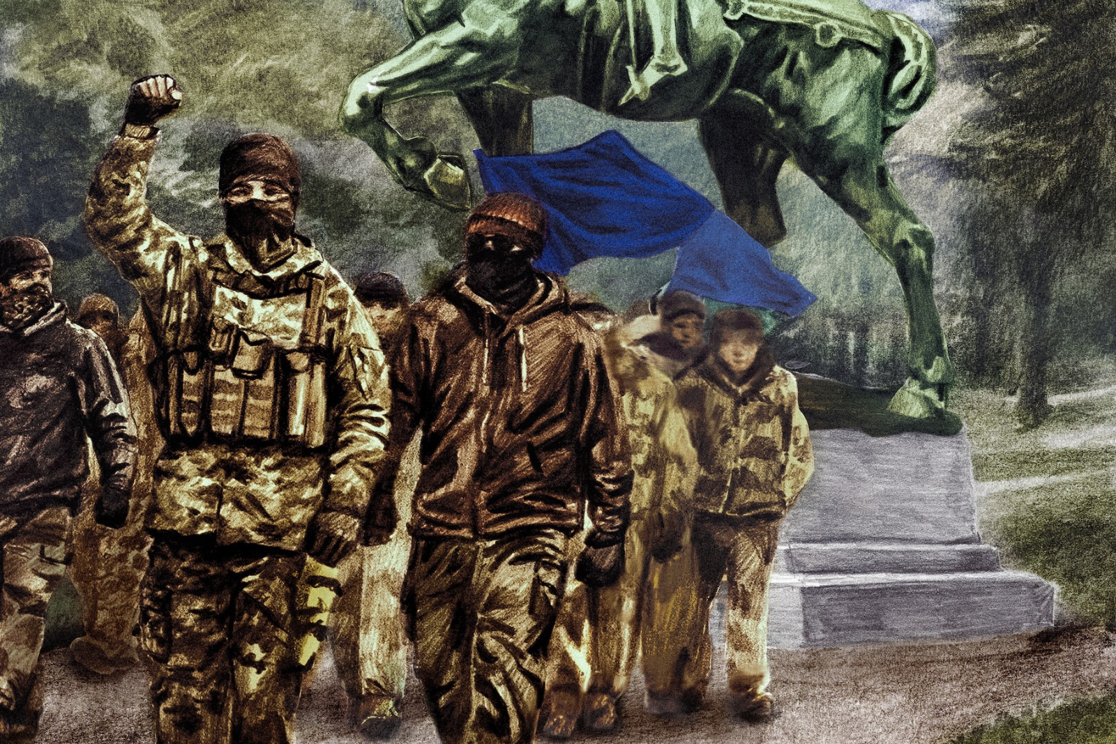 Illustration of people in military dress with covered faces marching in front of a statue of Joan of Arc on a horse.