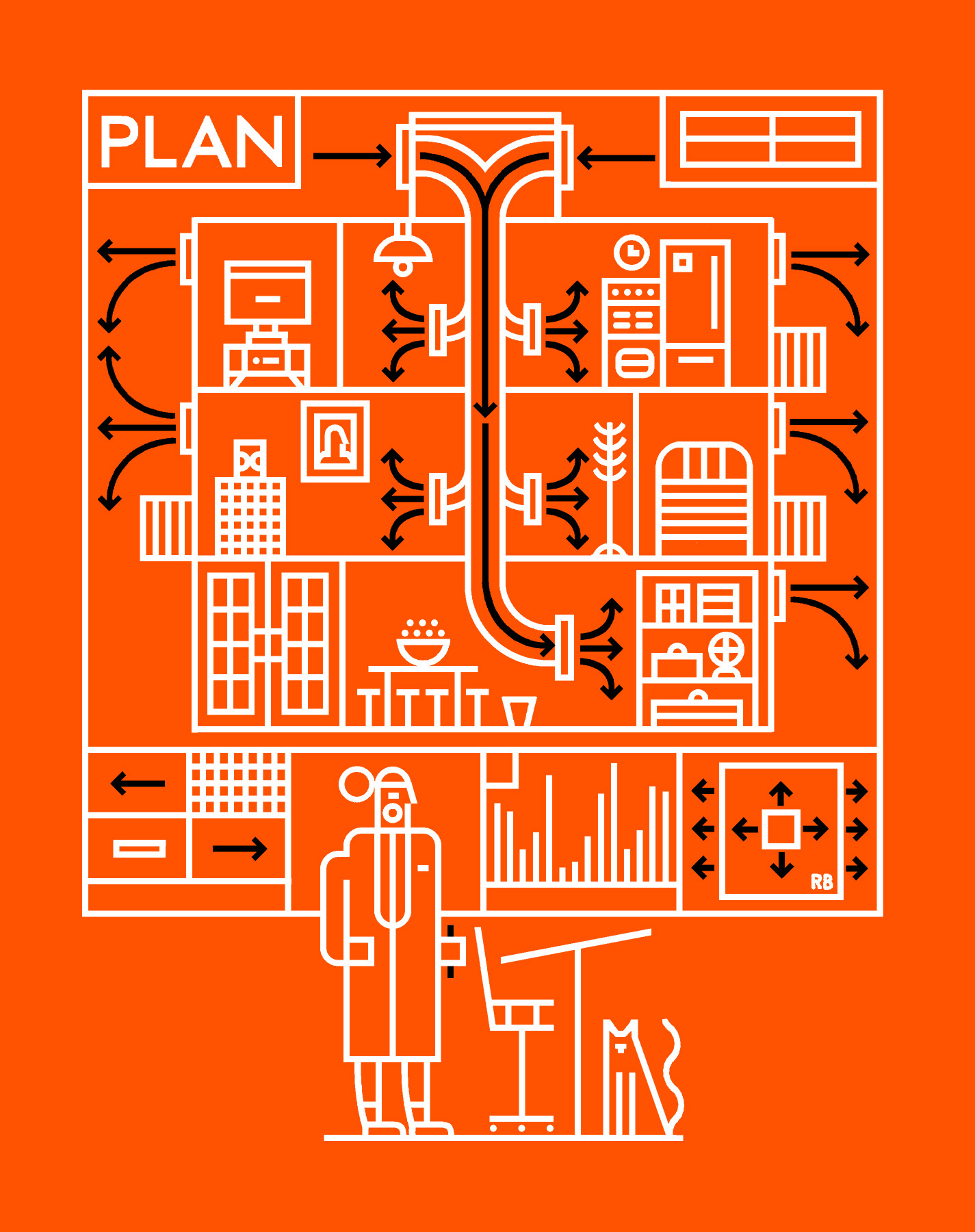 An illustration of a building blue print with air flow circulating