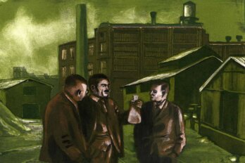 An illustration of uranium businessman Boris Pregel and former Eldorado mine director Carl French surrounding Eldorado’s lead scientist, Marcel Pochon, as he holds up an Erlenmeyer flask outside of the Port Hope refinery. The landscape behind them is tinted green.