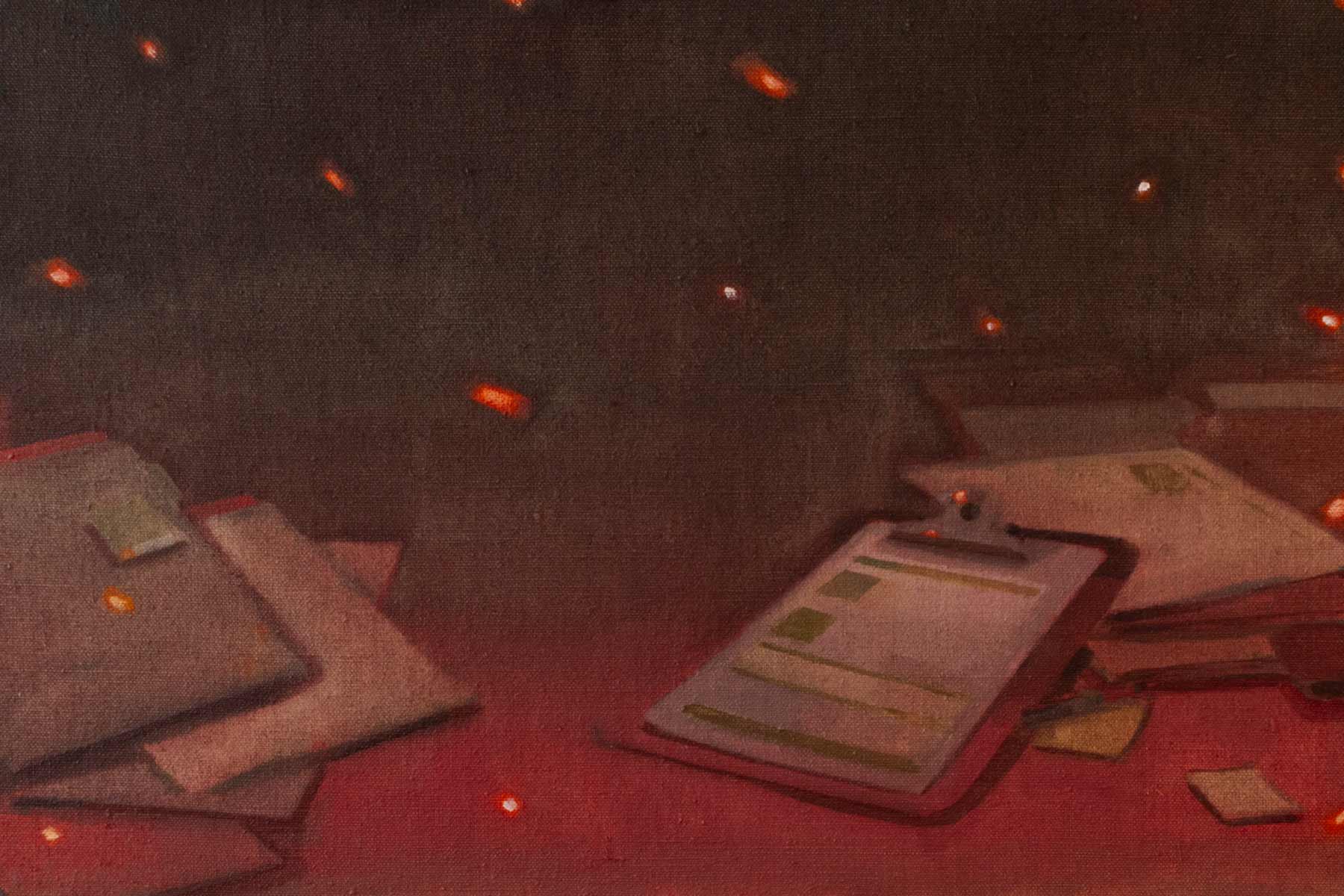A painting of piles of medical paperwork in a dark room on fire.