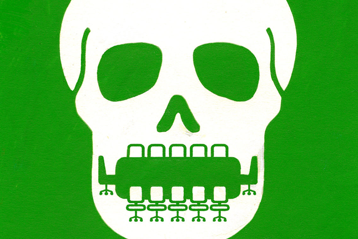 A skull and crossbones against a green background with a boardroom table in the place of the mouth.