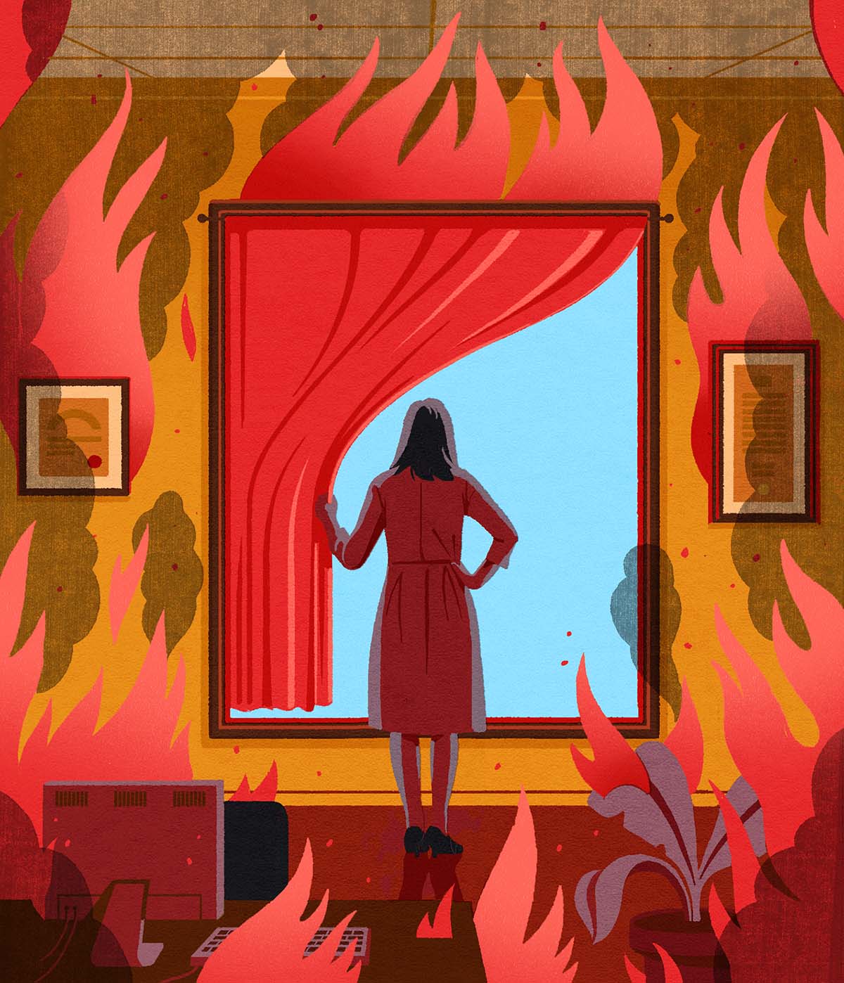 A woman in an burning office looks through a red curtain out the window