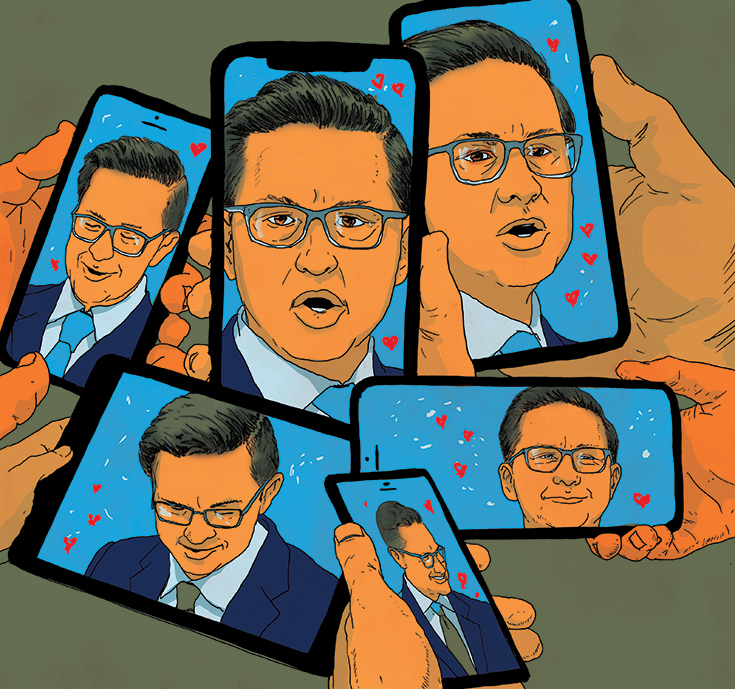 Smartphones with Pierre Poilievre's face displayed on them.