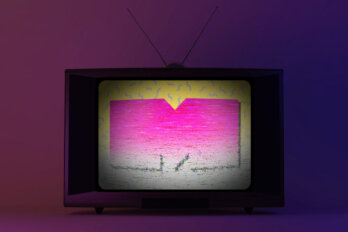 A photo illustration of the Much Music logo fading away inside a tube television.