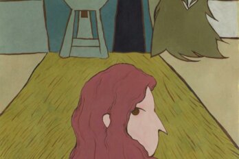 An illustration in dark greens, blues and burgundy of a woman looking up at a house.