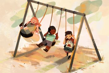 Illustration of three children on a swingset. The child on the far right looks sad and isn't swinging.