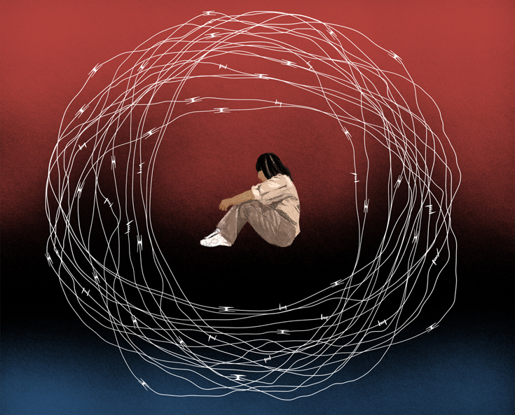 Illustration of a woman in prison dress, with her knees to her chest and her arms curled around them. Surrounding her is a series of circles that look composed of barbed wire. The background is red and black.