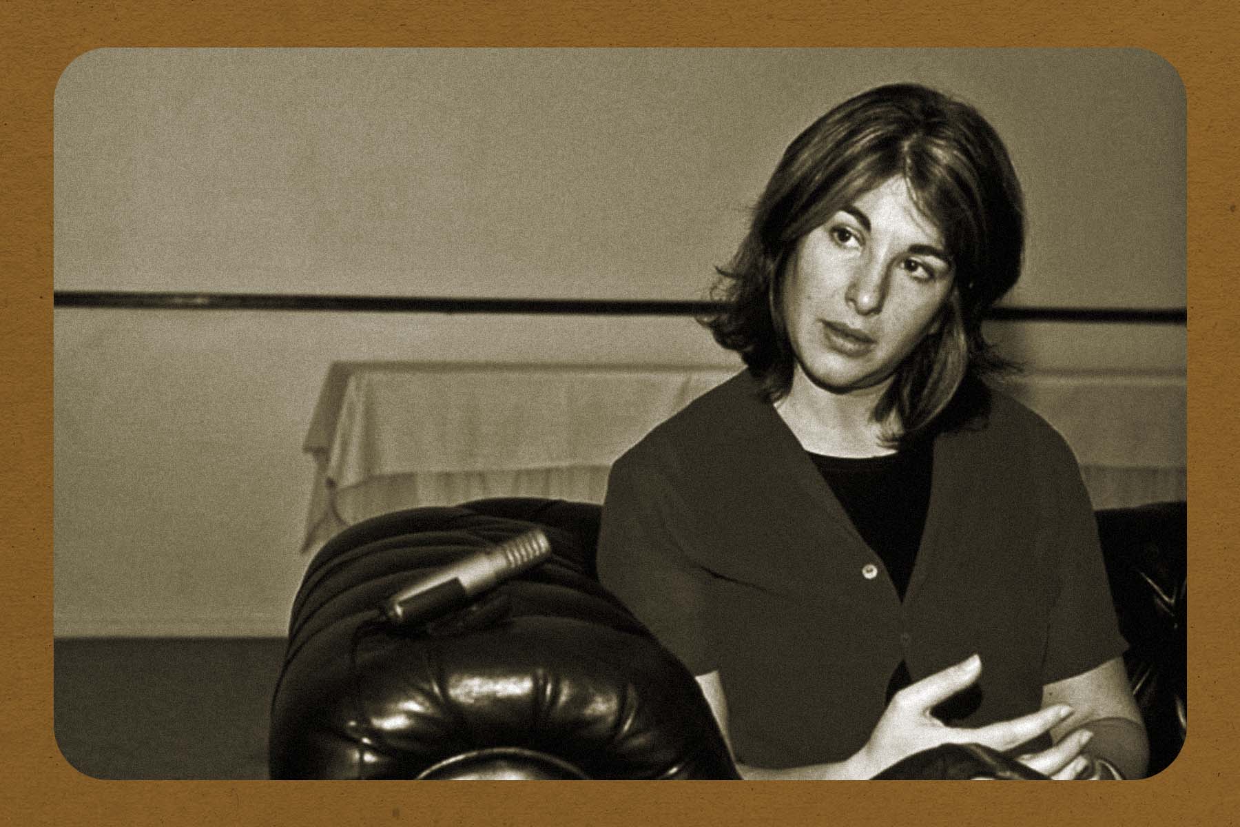 A photo illustration featuring a photo of Naomi Klein speaking at the 2002 World Social Forum.
