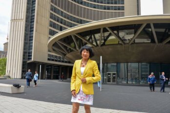 A photo of Olivia Chow outside of Toronto City Hall during her swearing-in ceremony as Toronto's new mayor on July 2023.
