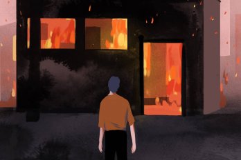 An illustration of a man standing in front of a burning building