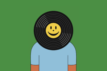An illustration of a person whose head is a vinyl record with a smiley face on its label.