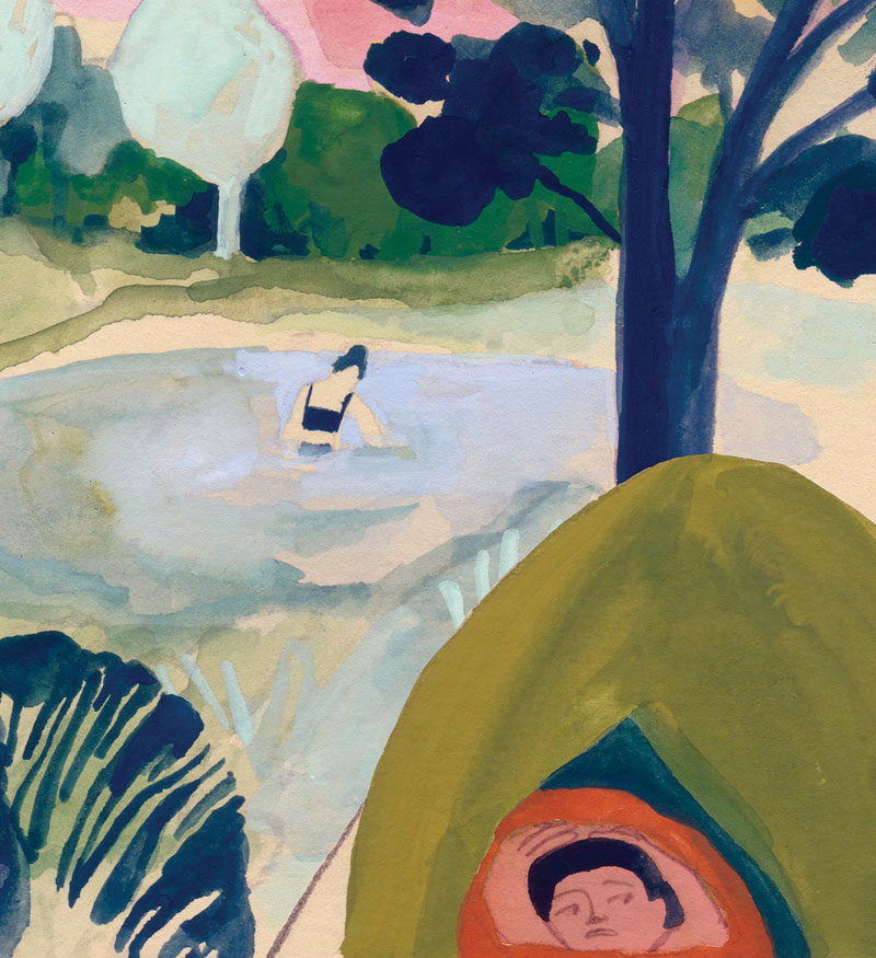 Illustration of a couple camping. In the foreground, the man's worried face is visible in their tent while behind him the woman is swimming in a blue lake.