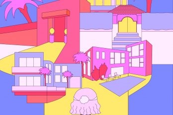 Illustration of a woman sitting in front of a TV, snacking on popcorn. Several Los Angeles mansions are growing out of the TV, extending beyond its borders and styled in pink, purple and yellow tones.