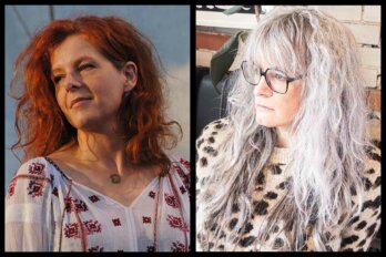 Two photos against a black background. One is of a woman with red wavy hair facing left, the other is a woman with silvery wavy hair also facing left