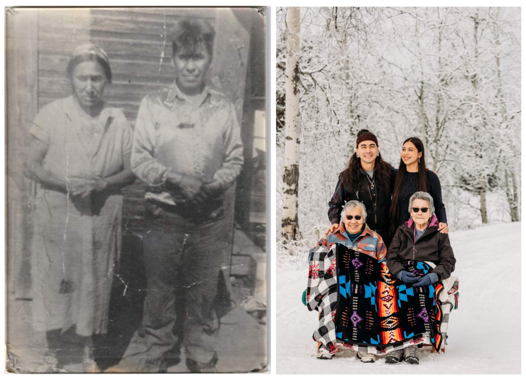 Two photographs. Left: an old photograph of a man and woman standing together. Right: Four people outside in the winter time. A young man and woman are standing behind two elderly women who are sitting down with blankets over their laps.