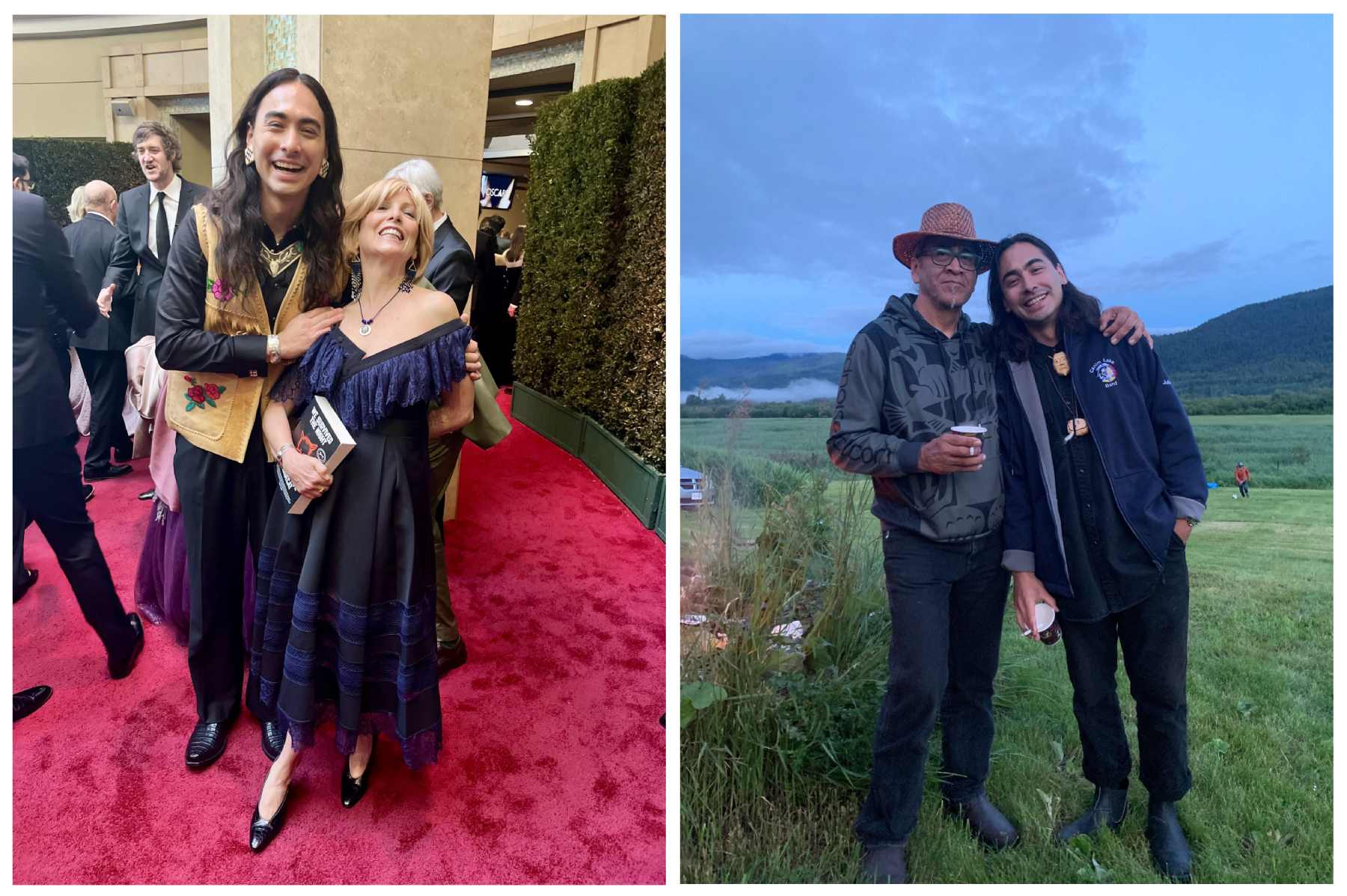Two photographs side by side of author Julian NoiseCat with his parents. Left: NoiseCat and his mother on a red carpet. Right: NoiseCat and his father outdoors.