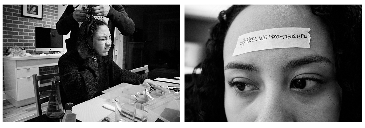 Dania getting her hair styled; Inti with a #freeIntifromthishell sticker on her forehead