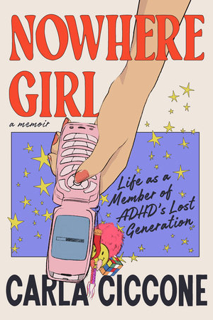 The cover art for Nowhere Girl, featuring an illustrated hand holding out a flip phone against a purple background