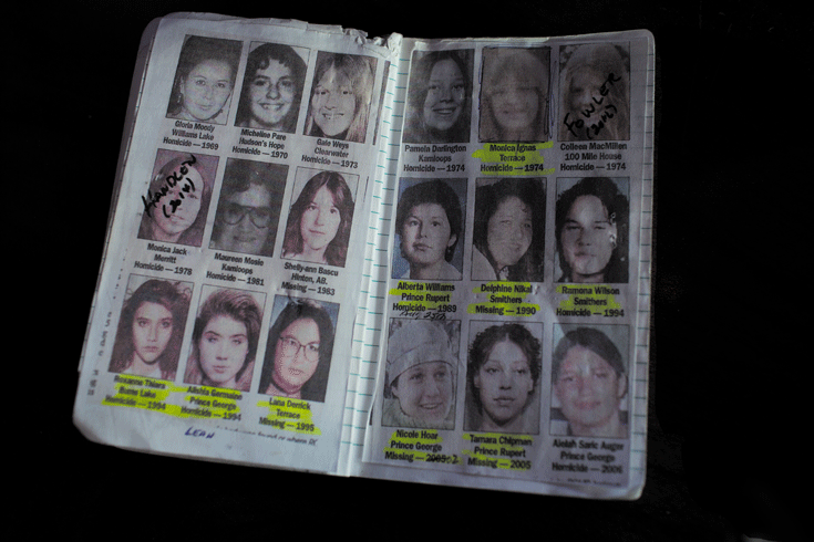 An old notebook full of pasted photos and names of missing women.