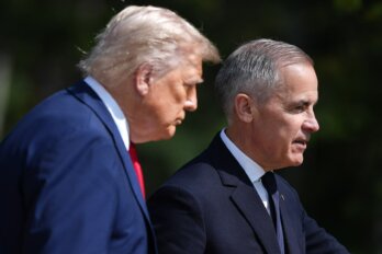 A photo of Donald Trump and Mark Carney, taken from the side with Trump glowering