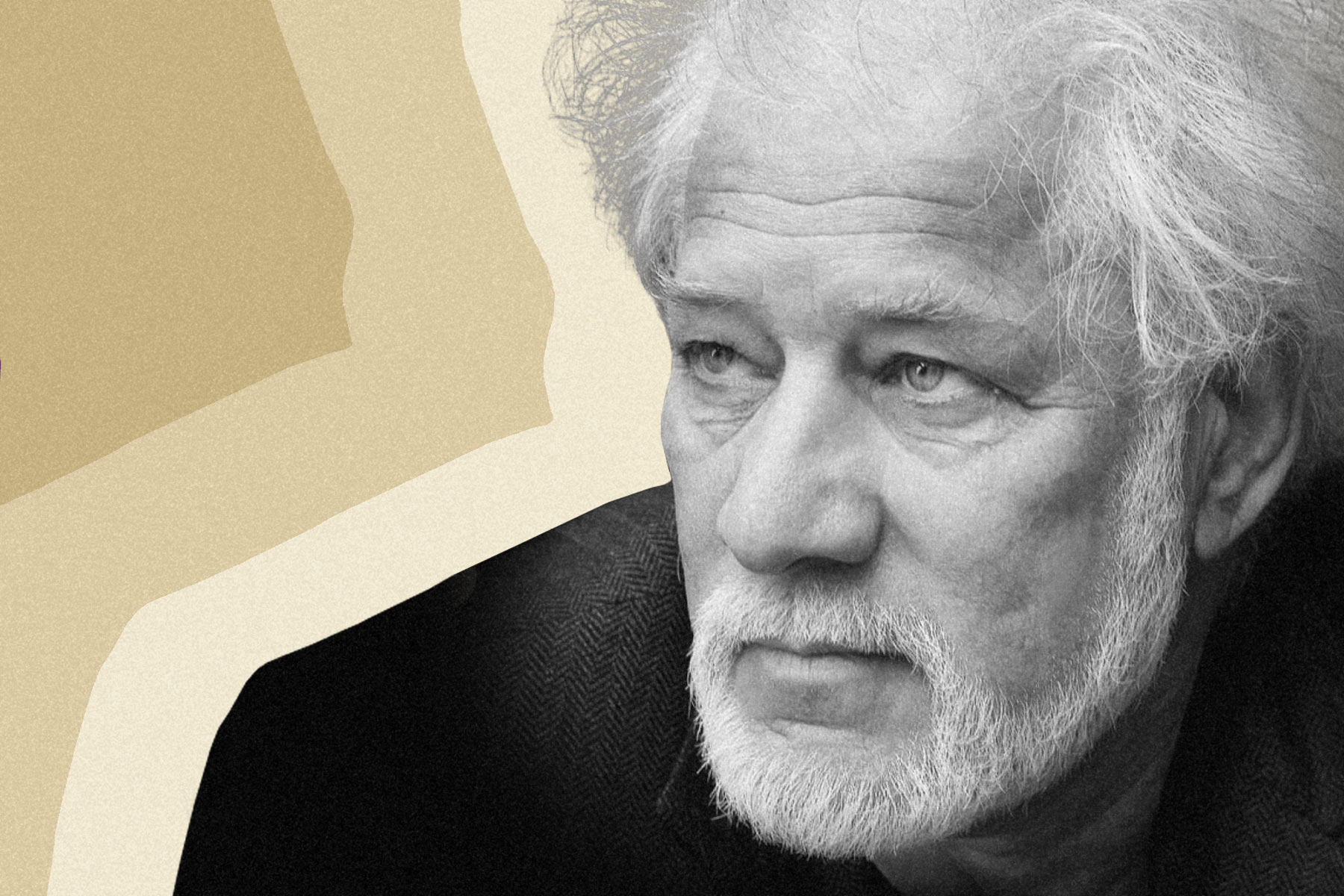 A black-and-white portrait of Michael Ondaatje with a beige background.