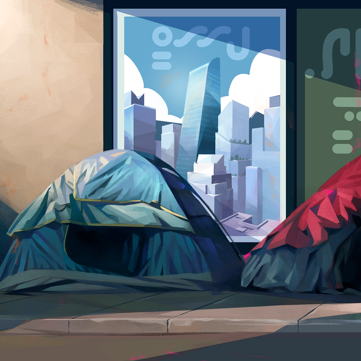 Illustration of tents on a sidewalk in front of a advertisement for tall glass condos.