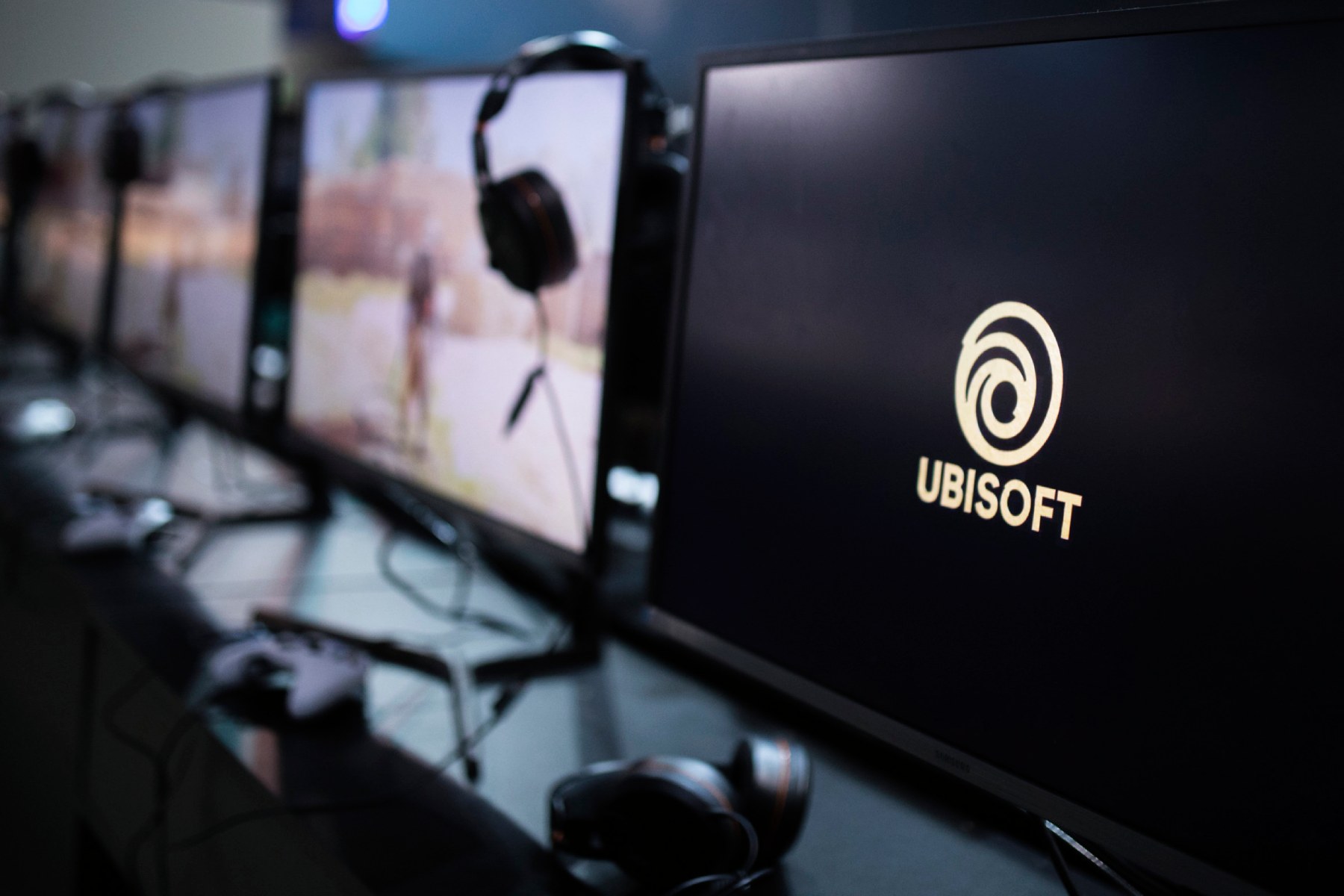 A file photo of the Ubisoft logo on a computer screen at the Paris ...