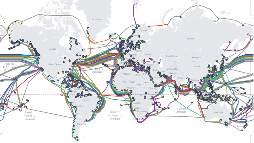 A graphic showing subsea cables around the world