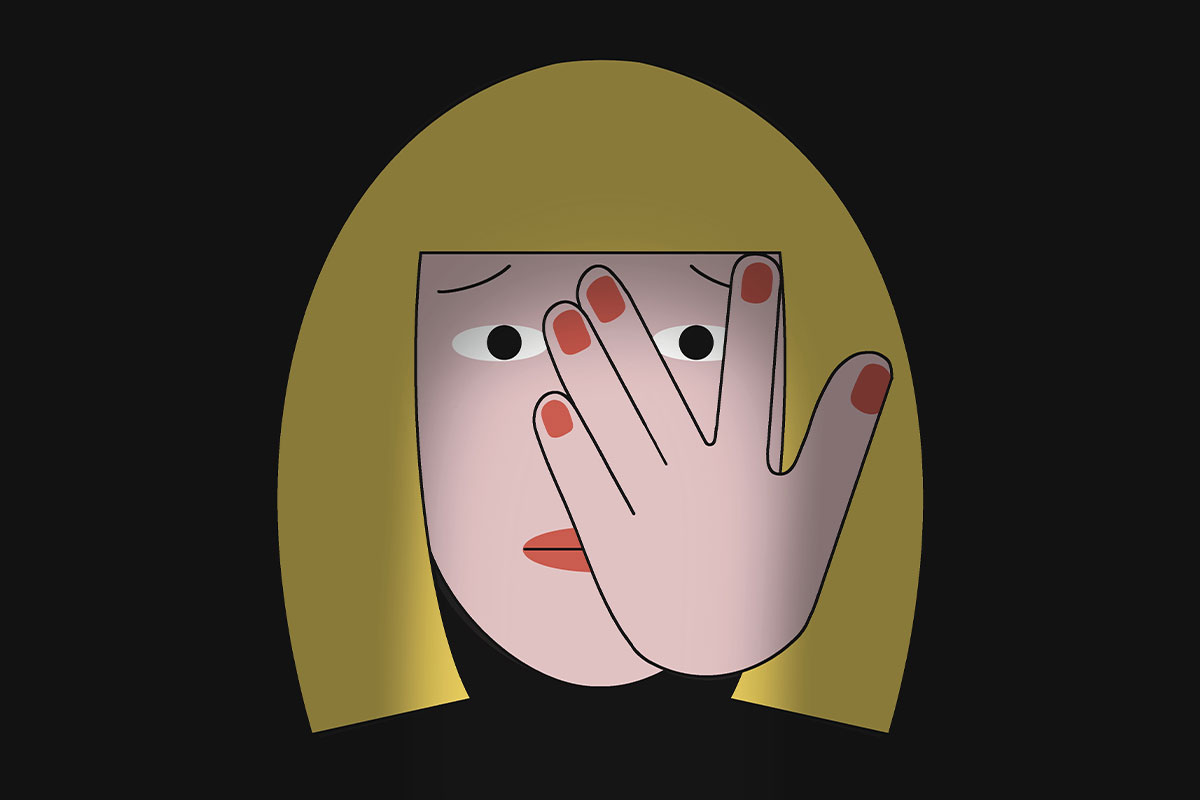 An illustration of a blonde person with her hands covering her face, peeking through her fingers, set on a black background.