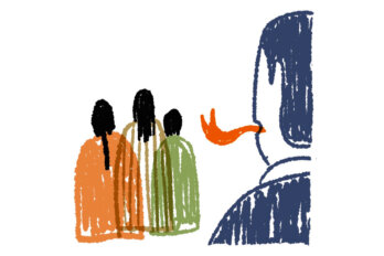Illustration of a group of people. Three figures are smaller and walking away while a larger figure in the foreground has an orange forked tongue coming out of his mouth.