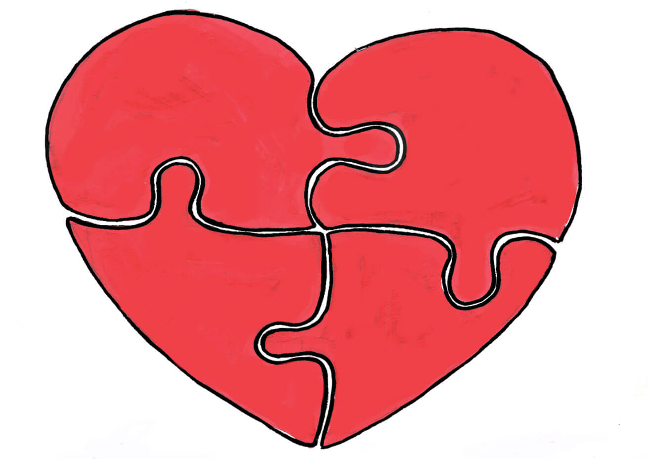An image of a red heart that is put together in four different puzzle pieces.