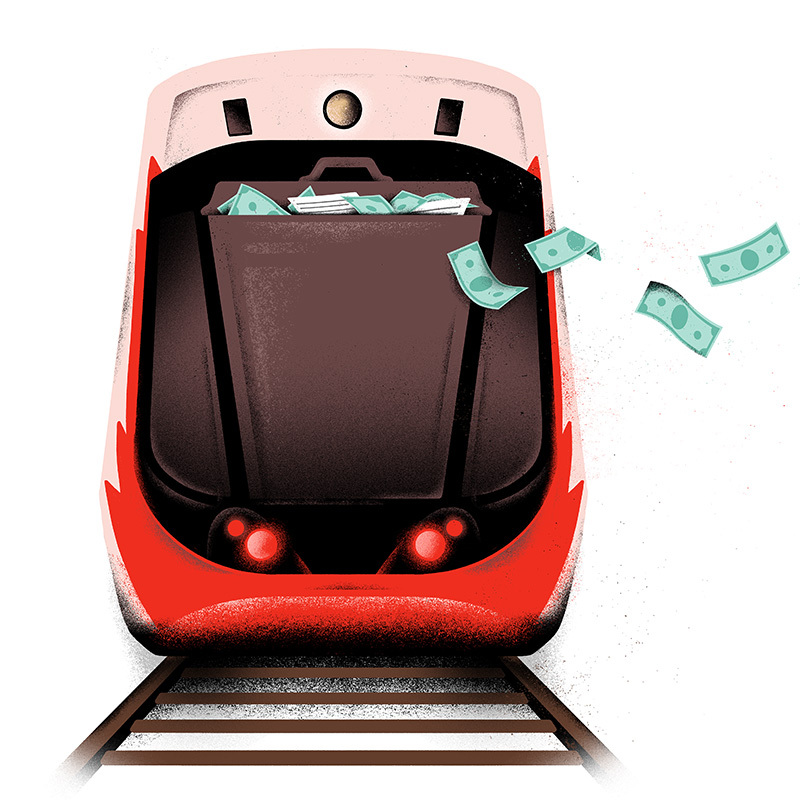 A train with money flying out of it. 
