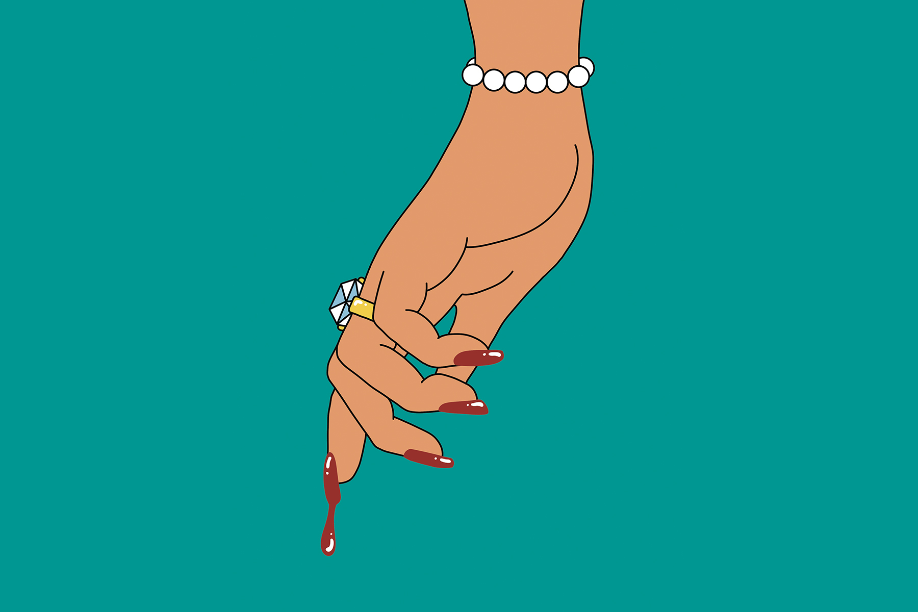 An illustration of blood dripping from the manicured fingernail of a hand with a diamond ring and pearl bracelet.