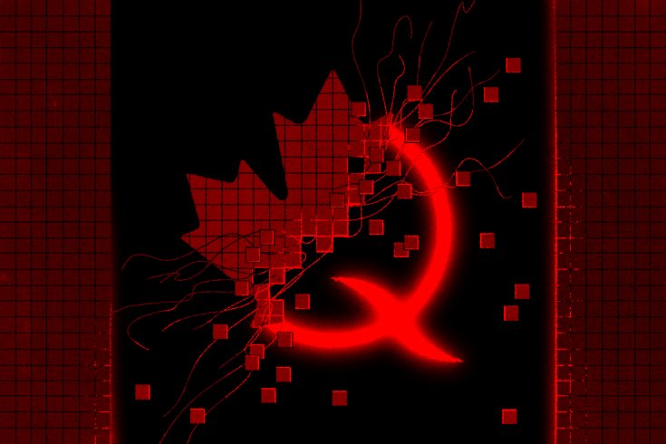 Illustration of a pixellated Canadian flag in red and black instead of red and white. The maple leaf in the middle is disintegrating to reveal a glowing red "Q" underneath.