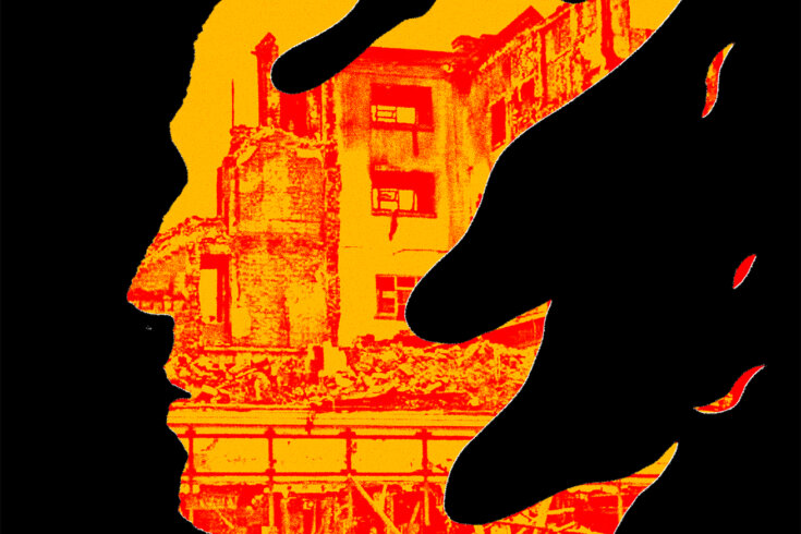 An illustration of a person's face in profile formed by orange and yellow flames. Inside the silhouette is a red image of a partially destroyed building against a black background.