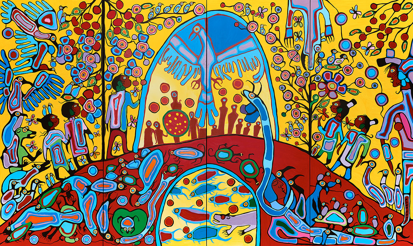 Against a yellow backdrop, a maroon-coloured earth features turtles, muskrats, frogs, fish, birds, butterflies, trees, and men, women, and children surrounding Thunderbird. Primarily painted in blues, Thunderbird is enclosed in a dome made of wings.