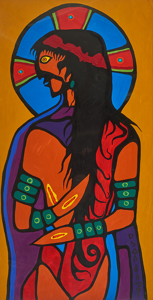 A painting of a Christ-like figure with long black hair and a red and blue halo against a yellow-brown background.