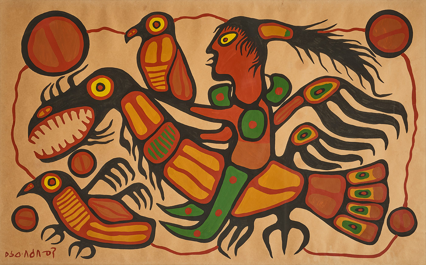 A painting of a Shaman riding a creature alongside two raven-like birds. It is painted in black, orange, yellow, green, and ochre, and brown.