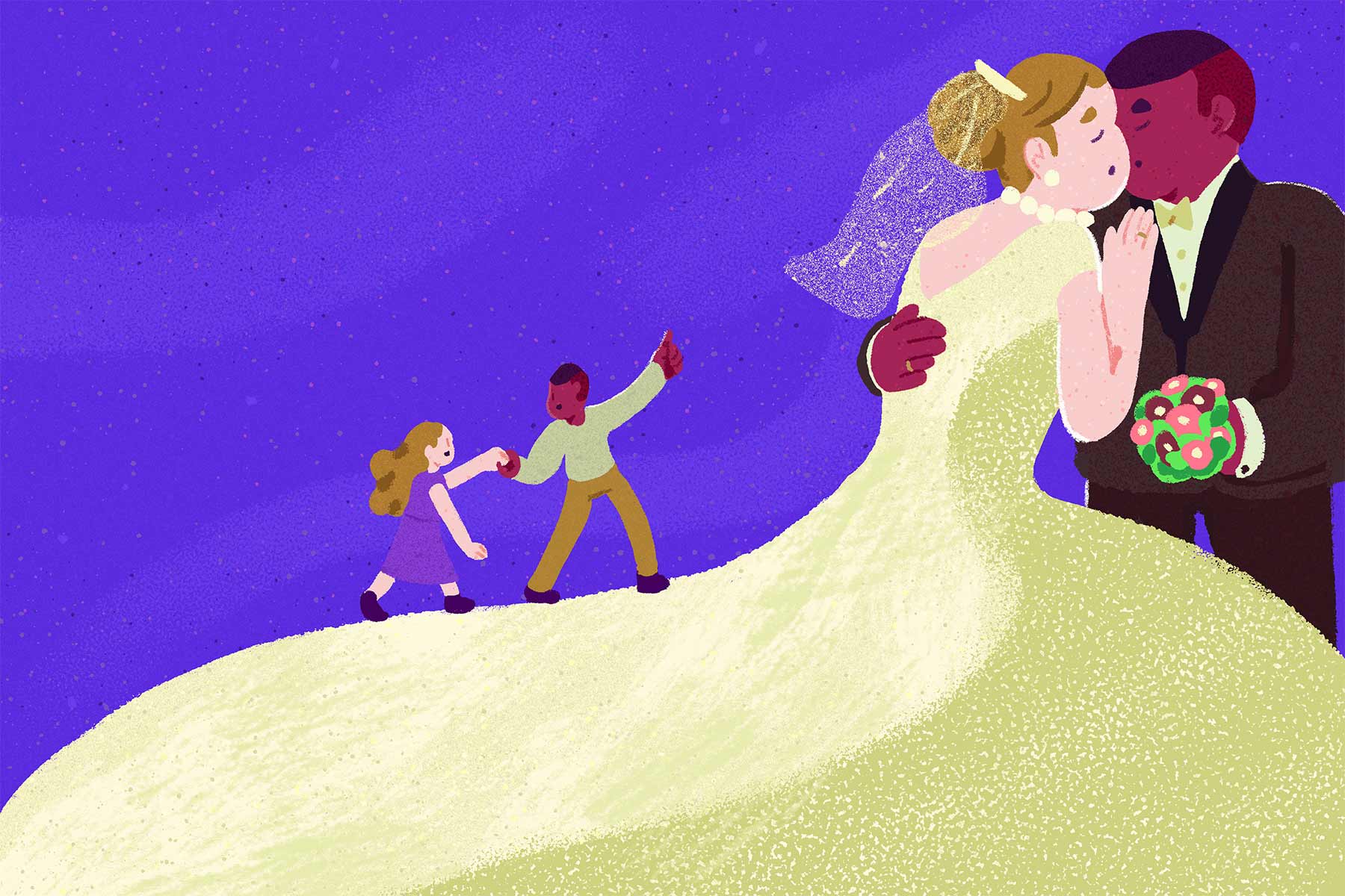 An illustration of a bride and groom on their wedding day, with their miniaturized younger selves holding hands while climbing up the back of the bride’s dress.