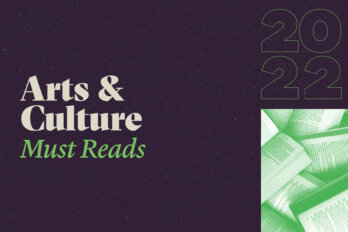 A purple background with green books