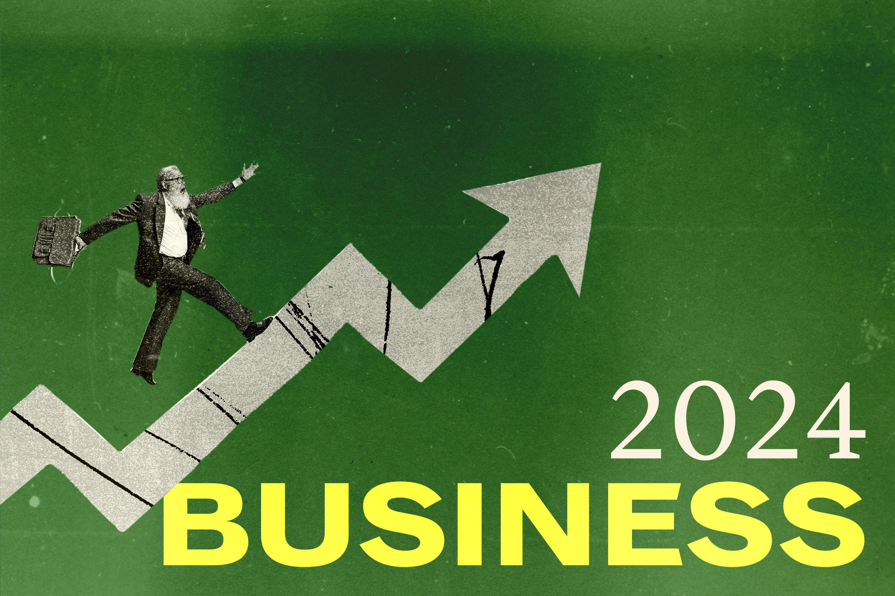 In a photo illustration, a businessman swinging a briefcase walks on the edge of an arrow pointing upward. Text over a green background reads 2024 Business.