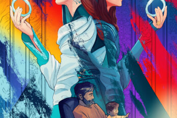 An illustration of characters from The Wheel of Time as well as a man and son with the books