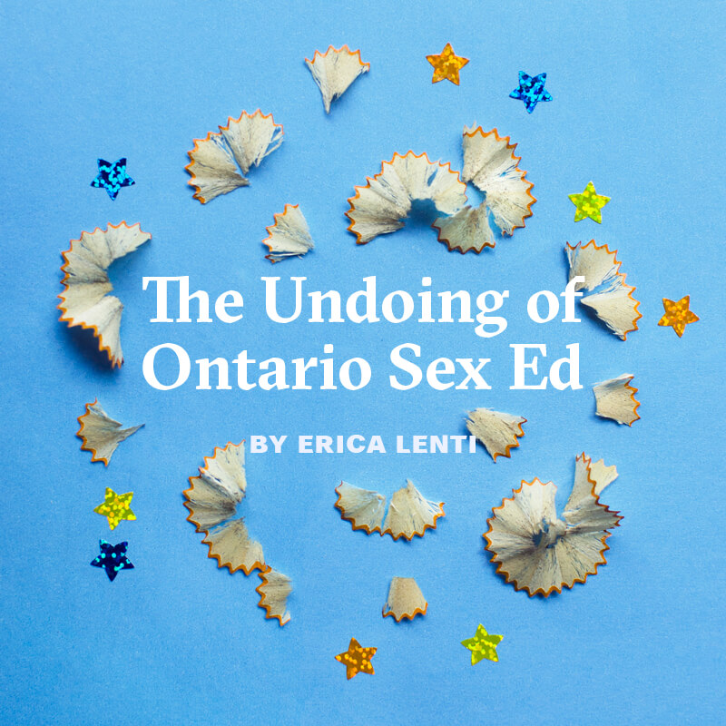 The Undoing of Ontario Sex Ed, by Erica Lenti - Pencil shavings on a blue background with stars