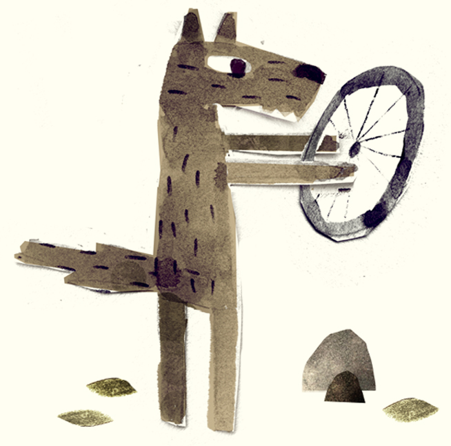 Illustration of wolf standing on its hind legs and holding a bicycle wheel up to get a closer look at it