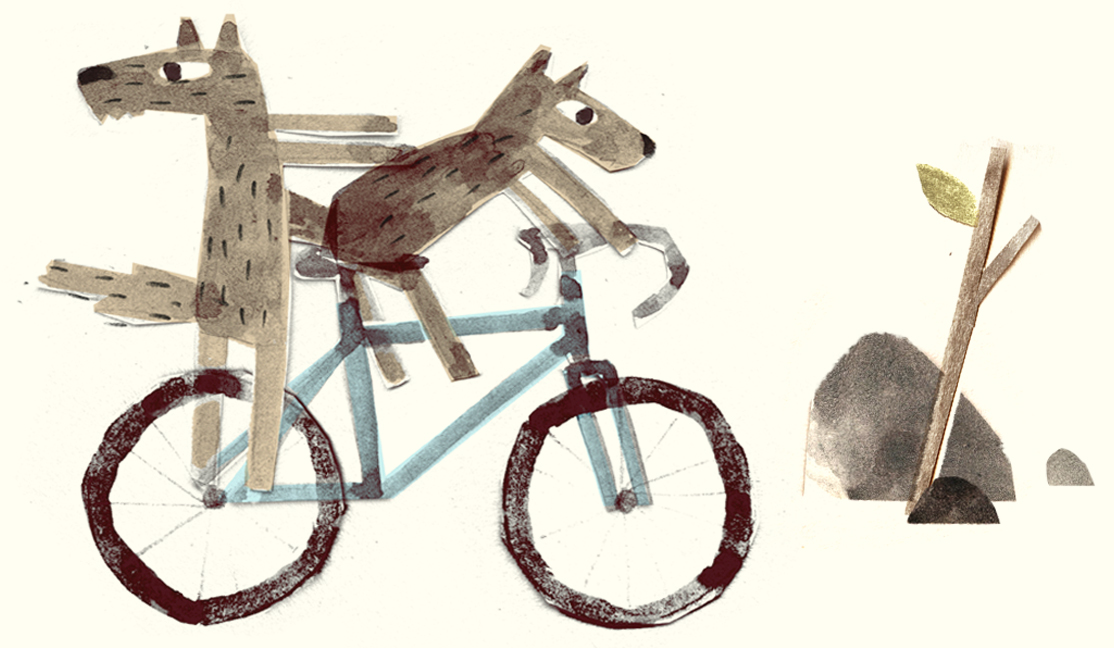 Illustration of two wolves riding a blue bicycle. In the background is a rock and tree branch.