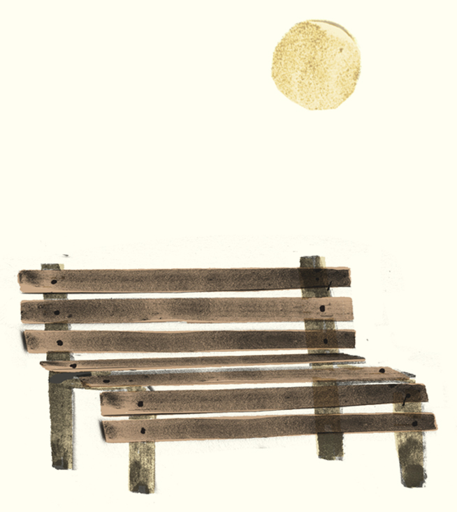 Illustration of wooden bench under a yellow sun